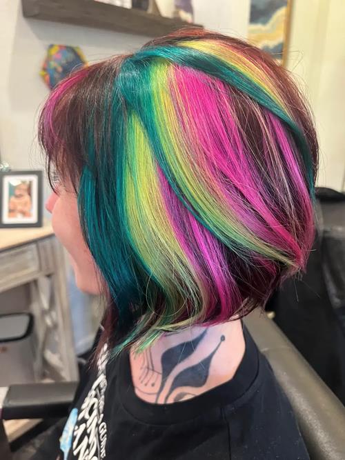 Luxury Fashion Hair Color in Denver, Colorado This custom fashion color features bold ribbons of tea(..)